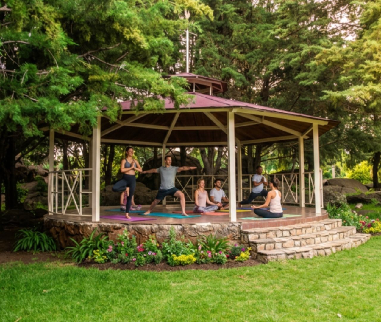 Sesión de yoga en grupo en el gazebo entre los árboles
